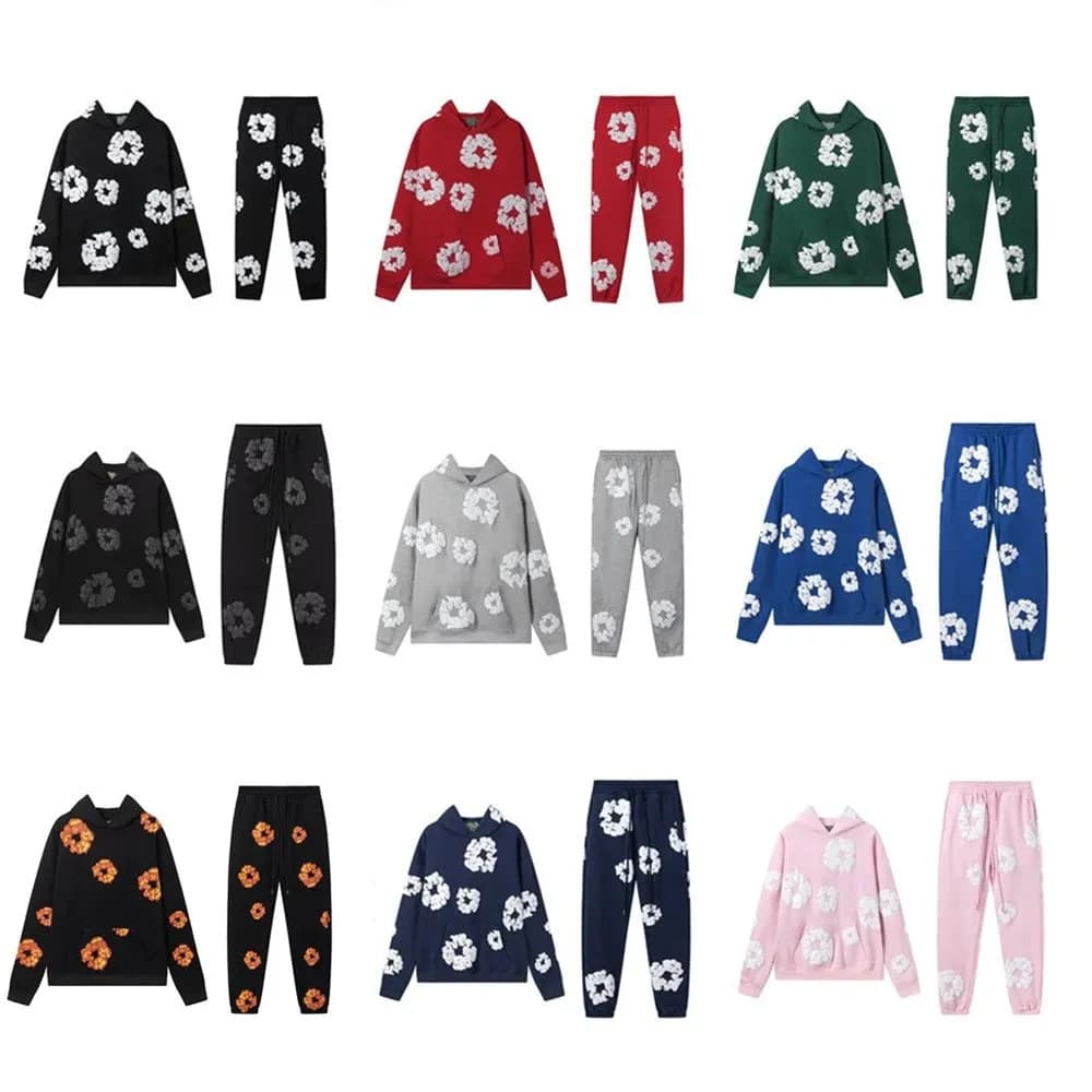 Denim Tears Cotton Blossom Fleece Lined Hooded Sweatshirt and Sweatpants High Street Sportswear Set  (1)