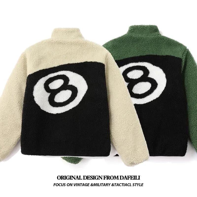 Double-sided wear retro American high street black eight black 8 billiards flocked lambskin fleece z (95)